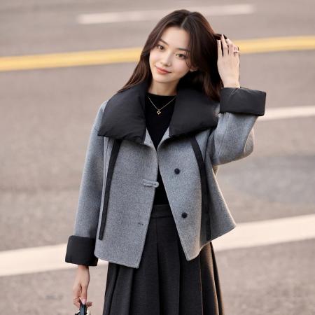 FA46701# 小个子撞色呢子大衣女装秋冬季新款休闲高级感毛呢外套棉服女  服裝批發女裝批發服飾貨源