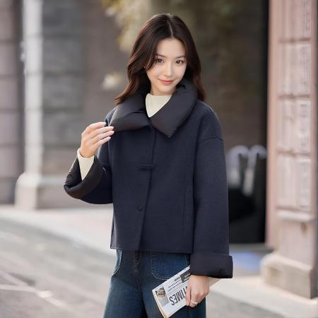 FA46701# 小个子撞色呢子大衣女装秋冬季新款休闲高级感毛呢外套棉服女  服裝批發女裝批發服飾貨源