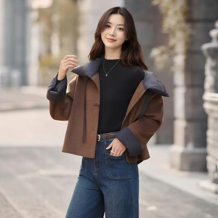 FA46701# 小个子撞色呢子大衣女装秋冬季新款休闲高级感毛呢外套棉服女  服裝批發女裝批發服飾貨源