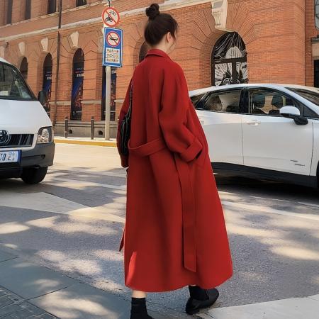 FA46702# 赫本风红色毛呢外套女秋冬中长款新款高级感气质呢子大衣厚  服裝批發女裝批發服飾貨源