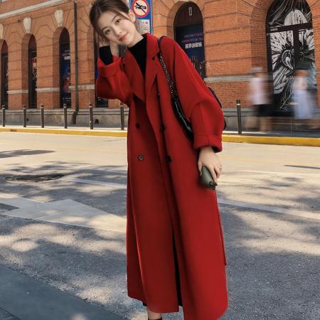 FA46702# 赫本风红色毛呢外套女秋冬中长款新款高级感气质呢子大衣厚  服裝批發女裝批發服飾貨源