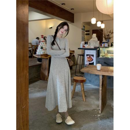 FA46704# 简约气质长袖针织连衣裙韩版内搭收腰显瘦A字打底长裙  服裝批發女裝批發服飾貨源