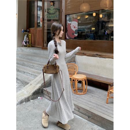 FA46704# 简约气质长袖针织连衣裙韩版内搭收腰显瘦A字打底长裙  服裝批發女裝批發服飾貨源
