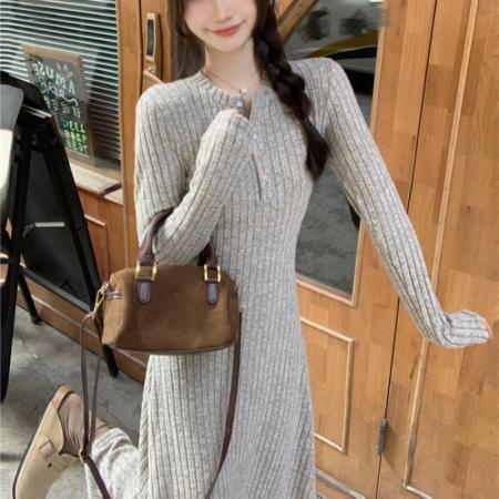 FA46704# 简约气质长袖针织连衣裙韩版内搭收腰显瘦A字打底长裙  服裝批發女裝批發服飾貨源