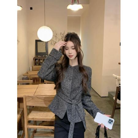 FA46705# 韩版秋冬季老钱风圆领收腰显瘦复合毛呢外套高级感上衣  服裝批發女裝批發服飾貨源