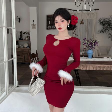 秋冬新款加绒优雅保暖内搭修身显瘦气质包臀长袖连衣裙  服裝批發女裝批發服飾貨源