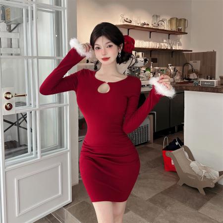 FA46706# 秋冬新款加绒优雅保暖内搭修身显瘦气质包臀长袖连衣裙  服裝批發女裝批發服飾貨源