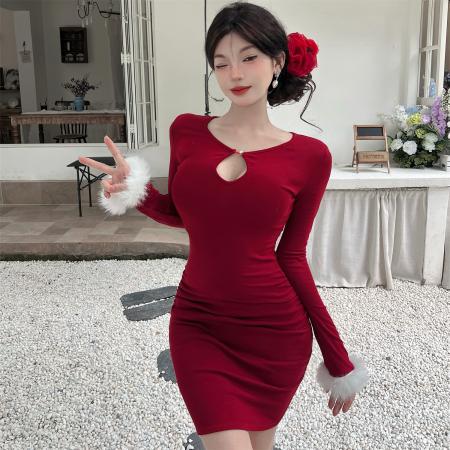 FA46706# 秋冬新款加绒优雅保暖内搭修身显瘦气质包臀长袖连衣裙  服裝批發女裝批發服飾貨源