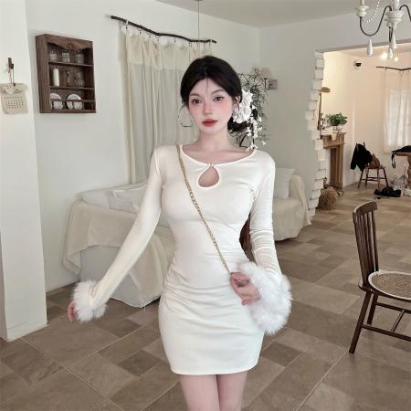 FA46706# 秋冬新款加绒优雅保暖内搭修身显瘦气质包臀长袖连衣裙  服裝批發女裝批發服飾貨源