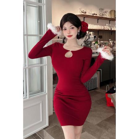 FA46706# 秋冬新款加绒优雅保暖内搭修身显瘦气质包臀长袖连衣裙  服裝批發女裝批發服飾貨源