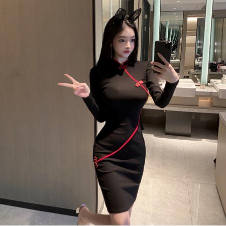 新款复古中国风改良拼色收腰包臀气质时尚旗袍连衣裙  服裝批發女裝批發服飾貨源