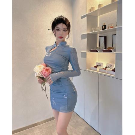 FA46712# 秋冬季新款花色长袖包臀国风日常改良旗袍连衣裙  服裝批發女裝批發服飾貨源