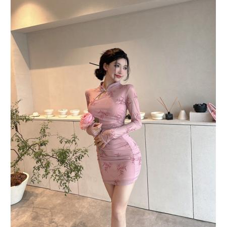 FA46712# 秋冬季新款花色长袖包臀国风日常改良旗袍连衣裙  服裝批發女裝批發服飾貨源