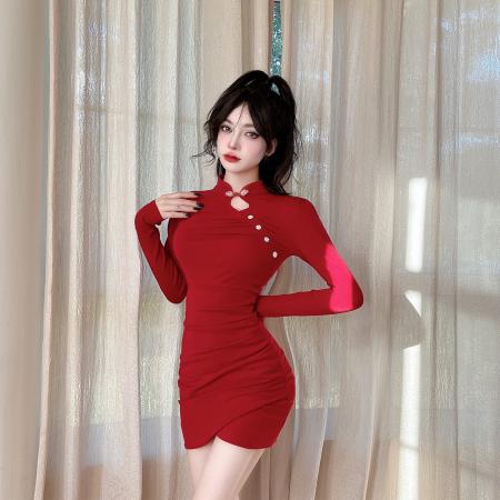 FA46714# 冬季新品复古中国风改良旗袍连衣裙收腰显瘦包臀纯色时尚裙  服裝批發女裝批發服飾貨源