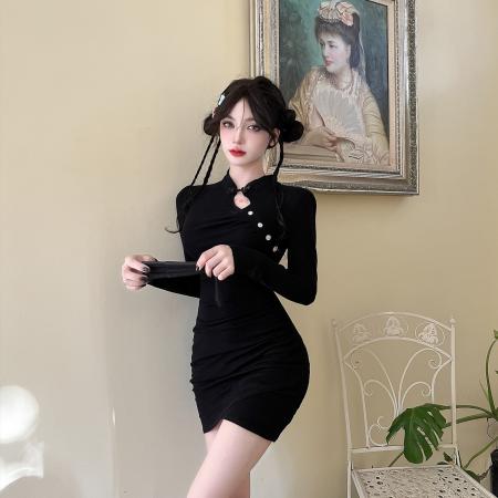 FA46714# 冬季新品复古中国风改良旗袍连衣裙收腰显瘦包臀纯色时尚裙  服裝批發女裝批發服飾貨源