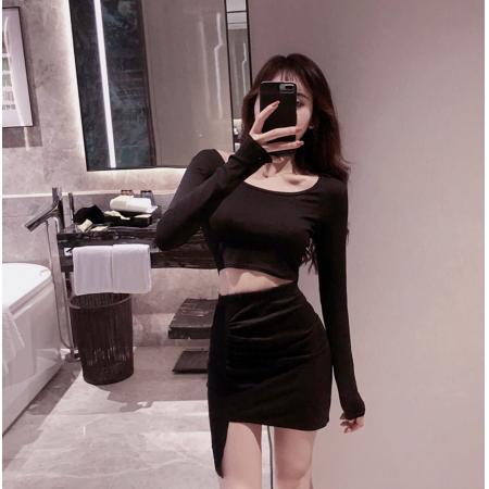 秋季新款露肚脐T恤长袖上衣+高腰半身裙套装两件套  服裝批發女裝批發服飾貨源