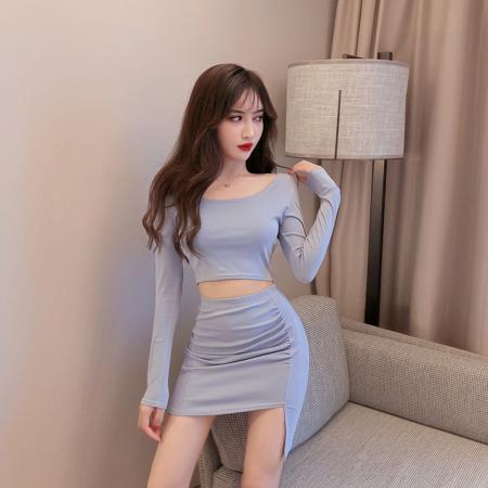 FA46715# 秋季新款露肚脐T恤长袖上衣+高腰半身裙套装两件套  服裝批發女裝批發服飾貨源