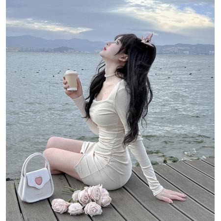 FA46719# 入秋新款长袖纯色掐腰显瘦开衩纯欲性感连衣裙女  服裝批發女裝批發服飾貨源