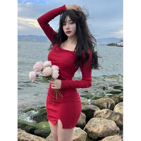 FA46719# 入秋新款长袖纯色掐腰显瘦开衩纯欲性感连衣裙女  服裝批發女裝批發服飾貨源