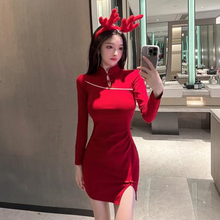 秋冬季新品珍珠边气质圣诞大派对显瘦长袖连衣裙女  服裝批發女裝批發服飾貨源