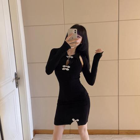 FA46721# 秋季新品挂脖纽扣下摆开叉连衣裙+披肩小外套  服裝批發女裝批發服飾貨源