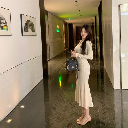 长袖长款加绒收腰鱼尾显瘦名媛打底保暖旗袍国风连衣裙  服裝批發女裝批發服飾貨源