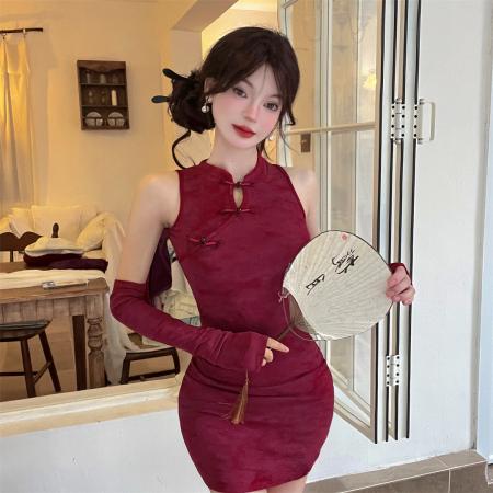 FA46723# 新中式国风短款两件套红色包臀性感显瘦日常气质连衣裙  服裝批發女裝批發服飾貨源