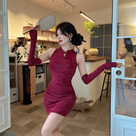 FA46723# 新中式国风短款两件套红色包臀性感显瘦日常气质连衣裙  服裝批發女裝批發服飾貨源