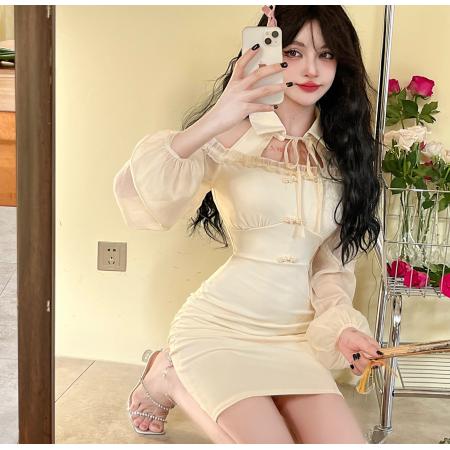 FA46725# 秋冬季新款一字领路肩灯笼袖复古改良旗袍款连衣裙  服裝批發女裝批發服飾貨源