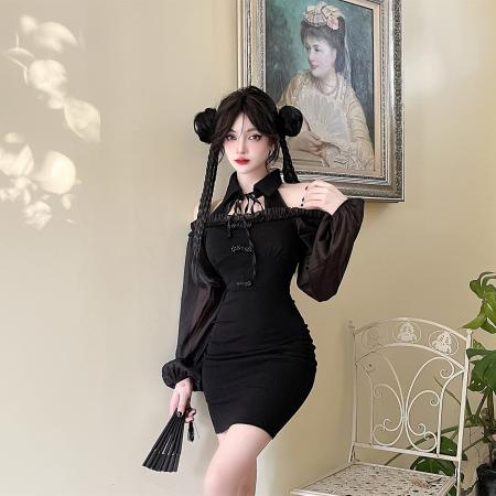 FA46725# 秋冬季新款一字领路肩灯笼袖复古改良旗袍款连衣裙  服裝批發女裝批發服飾貨源