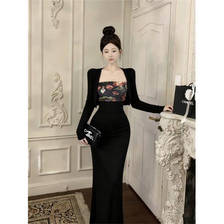 FA46726# 复古油画色网纱拼接针织裹胸连衣裙+开衫  服裝批發女裝批發服飾貨源