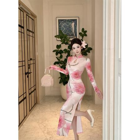 FA46728# 时尚印花钉珠旗袍连衣裙  服裝批發女裝批發服飾貨源