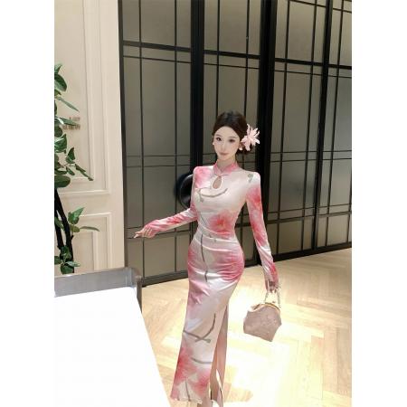 FA46728# 时尚印花钉珠旗袍连衣裙  服裝批發女裝批發服飾貨源