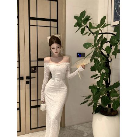 FA46729# 一字肩蕾丝长袖连衣裙  服裝批發女裝批發服飾貨源