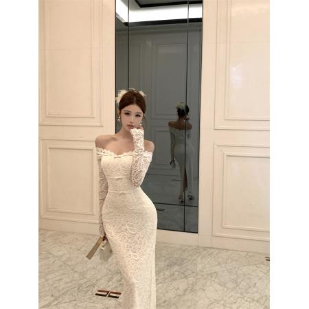 FA46729# 一字肩蕾丝长袖连衣裙  服裝批發女裝批發服飾貨源