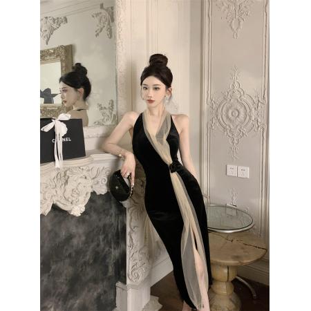 FA46733# 时尚性感挂脖金丝绒网纱拼接收腰显瘦包臀连衣裙  服裝批發女裝批發服飾貨源