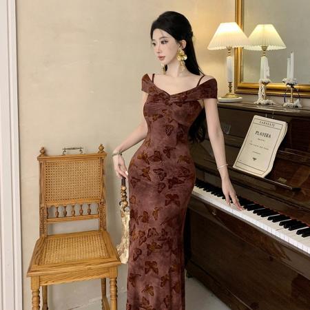 FA46734# 修身显瘦一字肩法式复古轻熟御姐风气质性感连衣裙  服裝批發女裝批發服飾貨源