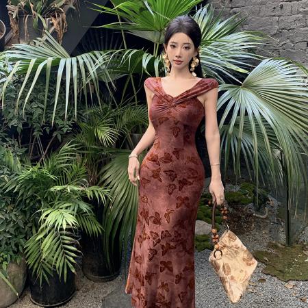 FA46734# 修身显瘦一字肩法式复古轻熟御姐风气质性感连衣裙  服裝批發女裝批發服飾貨源