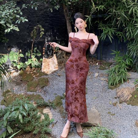 FA46734# 修身显瘦一字肩法式复古轻熟御姐风气质性感连衣裙  服裝批發女裝批發服飾貨源