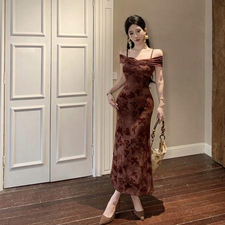 FA46734# 修身显瘦一字肩法式复古轻熟御姐风气质性感连衣裙  服裝批發女裝批發服飾貨源