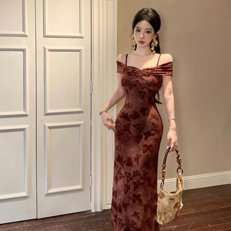 FA46734# 修身显瘦一字肩法式复古轻熟御姐风气质性感连衣裙  服裝批發女裝批發服飾貨源