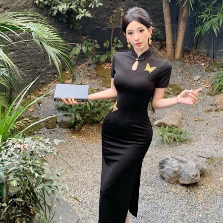 FA46735# 新中式国风旗袍改良年轻款高级感气质独特名媛包臀连衣裙  服裝批發女裝批發服飾貨源