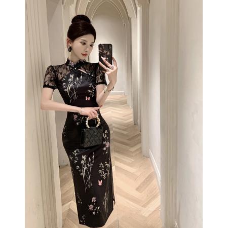 FA46737# 新中式国风改良旗袍蕾丝拼接修身包臀开叉连衣裙  服裝批發女裝批發服飾貨源