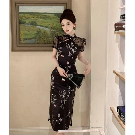 FA46737# 新中式国风改良旗袍蕾丝拼接修身包臀开叉连衣裙  服裝批發女裝批發服飾貨源