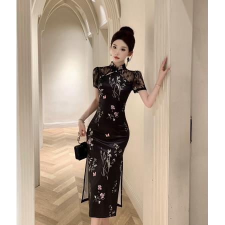 FA46737# 新中式国风改良旗袍蕾丝拼接修身包臀开叉连衣裙  服裝批發女裝批發服飾貨源