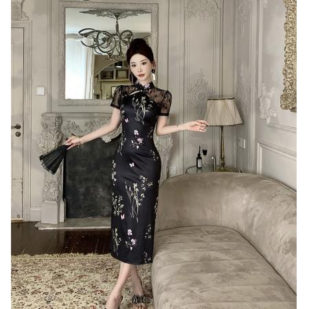 FA46737# 新中式国风改良旗袍蕾丝拼接修身包臀开叉连衣裙  服裝批發女裝批發服飾貨源