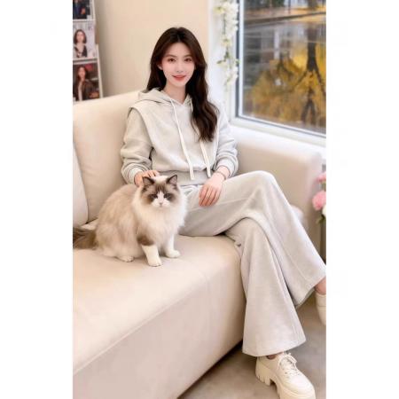 FA46743# 巨好看的秋装韩系百搭休闲慵懒风灰色连帽卫衣裤子两件套装女  服裝批發女裝批發服飾貨源