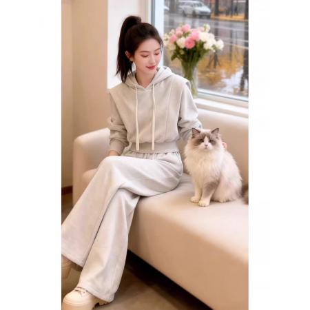 FA46743# 巨好看的秋装韩系百搭休闲慵懒风灰色连帽卫衣裤子两件套装女  服裝批發女裝批發服飾貨源