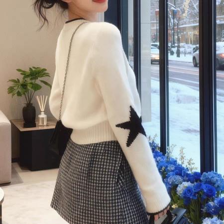 FA46744# 纯欲辣妹气质圆领针织衫女装秋冬新款套头毛衣花苞格纹裙套装  服裝批發女裝批發服飾貨源