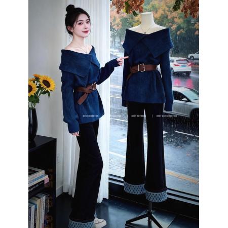 FA46752# 秋日ootd穿搭一整套姐系贵感套装翻领一字肩毛衣高腰阔腿裤两件套  服裝批發女裝批發服飾貨源